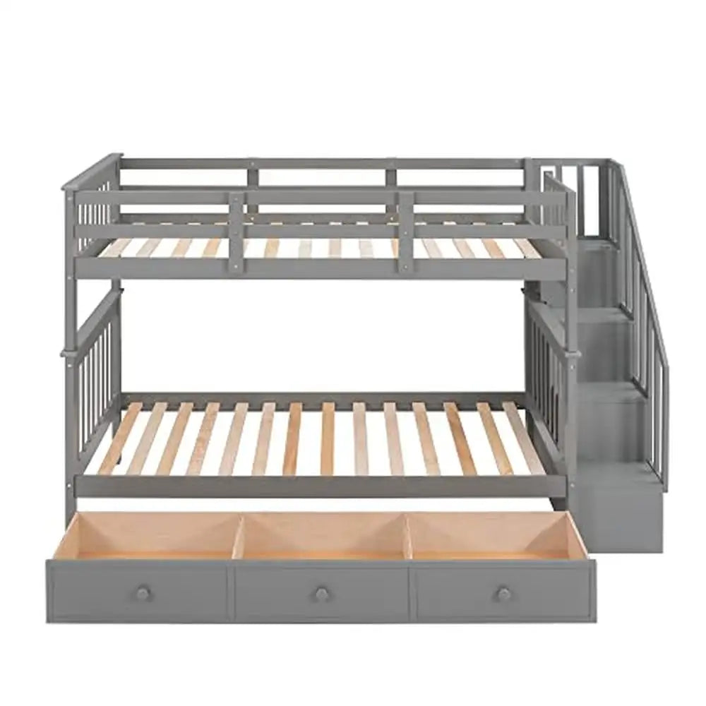 Lit superposé simple en bois massif avec escaliers, 3 tiroirs de rangement, étagères, cadre robuste et durable, design sûr pour enfants et adolescents