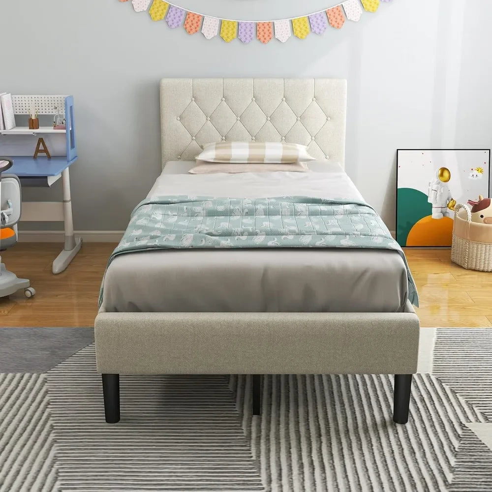 Twin Bed Frames for Kids, Modern Upholstered Platform Bed with Button Tufted Headboard, Wooden Slats Support Mattress