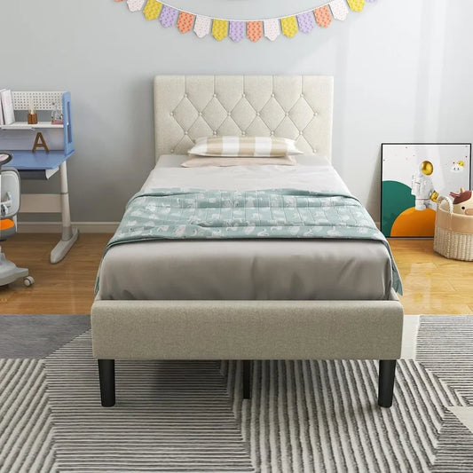 Twin Bed Frames for Kids, Modern Upholstered Platform Bed with Button Tufted Headboard, Wooden Slats Support Mattress