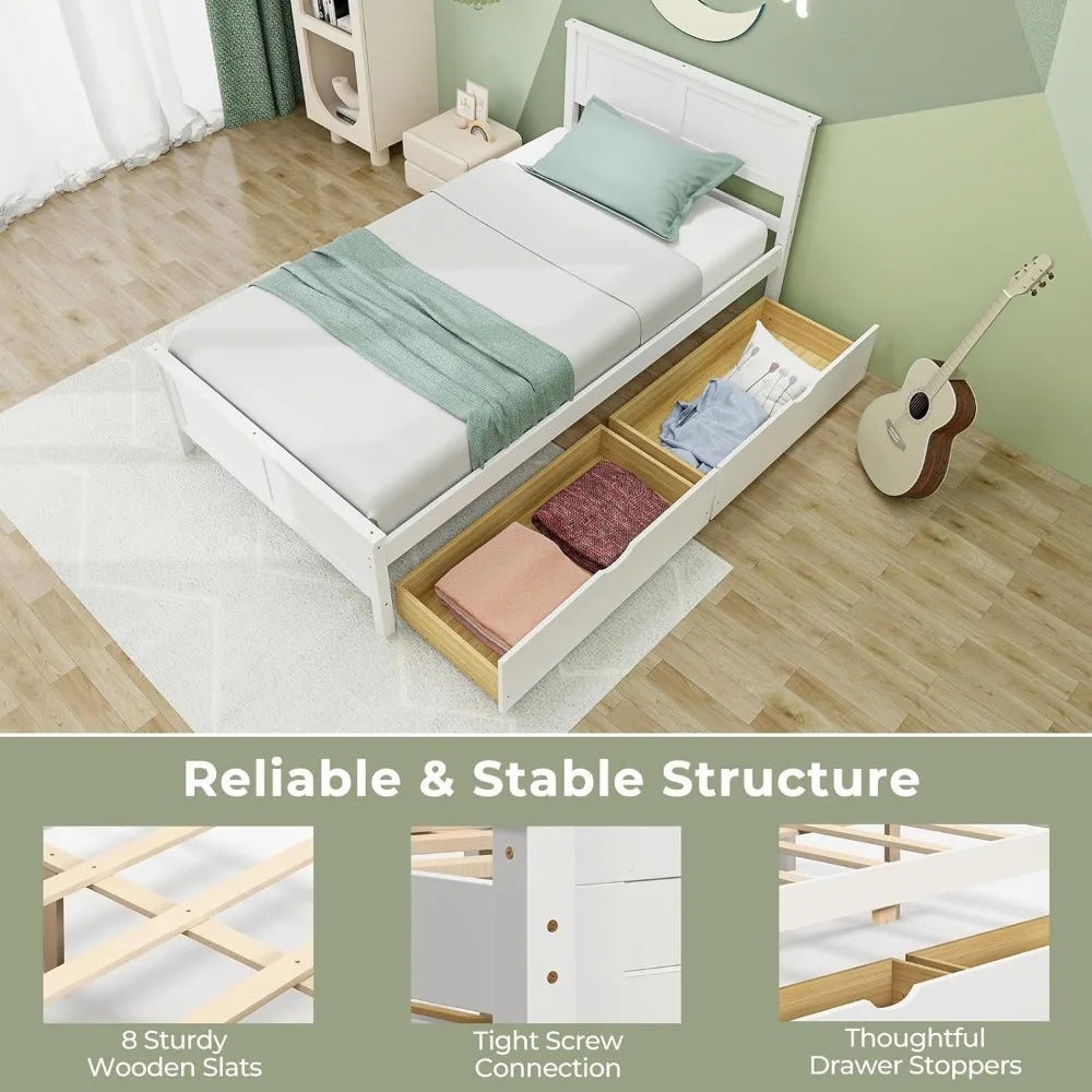 Cama individual de madera con 2 cajones de almacenamiento, con cabecero, listones de madera que sostienen la base del colchón, para niños, adolescentes y adultos, color blanco