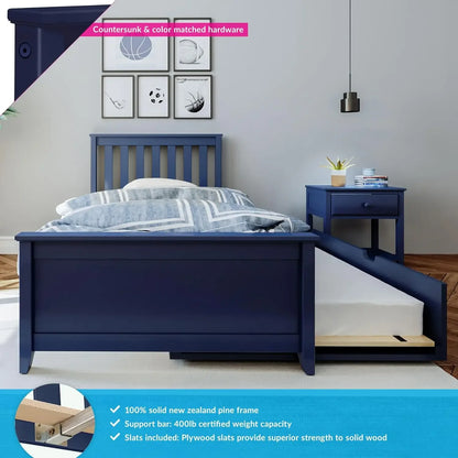 Cama individual, estructura de madera con cabecero para niños con cama nido, listones, color azul