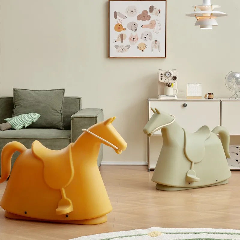 Cheval à bascule scandinave pour enfants, tabouret créatif en filet rouge, chaise de poney de dessin animé, chaise à bascule de modélisation animale pour maternelle