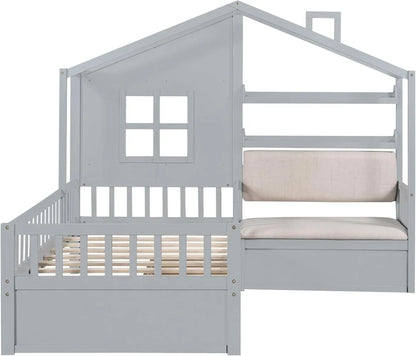 Lit double avec canapé, lit plateforme pour enfants avec deux tiroirs et étagère de rangement, pour filles et garçons - Gris