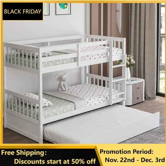 Twin Over Twin Bunk Bed with Trundle, Convertible Platform Bed Frame with Ladder & Solid Wood Frame, No Box Spring Needed, White