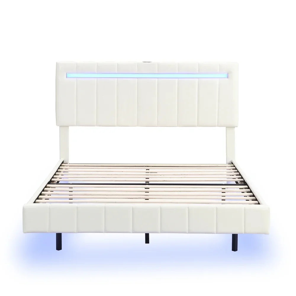 Cadre de lit flottant Queen Size avec lumières LED et chargement USB, cadre de lit à plate-forme rembourré moderne à LED, conception sans bruit