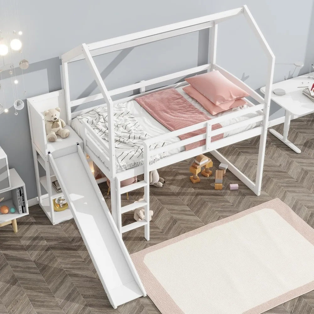 Twin Size House Loft Bed with Slide, Storage Shelves and Light, Climbing Ramp, Low Loftbed Frame, for Kids Boys Girls Bedroom