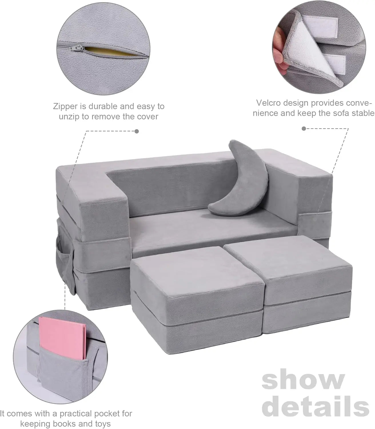 Sofá modular para niños, sillón de espuma para niños pequeños, juego de sofá de felpa convertible para niños, sofá cama plegable (gris)