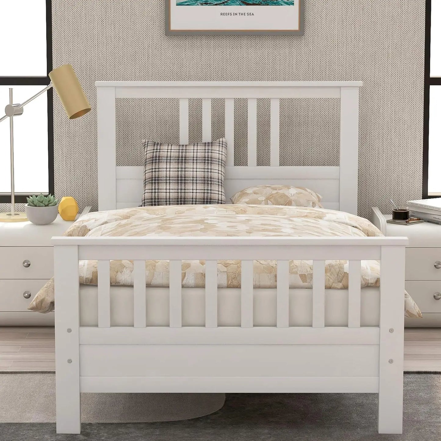 Lit plateforme double en bois massif blanc pour enfants, cadre de lit plateforme double avec tête de lit/pied de lit/support à lattes en bois, sans sommier