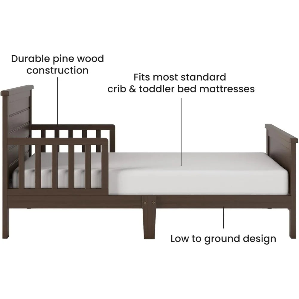 Woodland Flat Top Toddler Bed for Kids with Guard Rails, Low to Ground Design, Made of Pinewood, Featuring Clean Lines