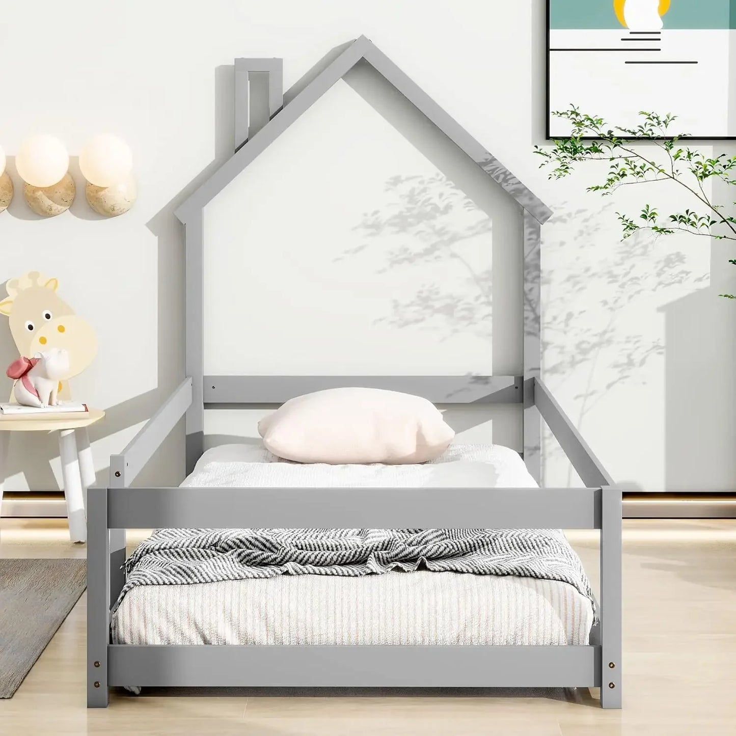 Cabecero de cama en forma de casa de tamaño doble con vallas, cama Montessori de madera para niños, cama con estructura de casa doble para niñas y niños (gris)