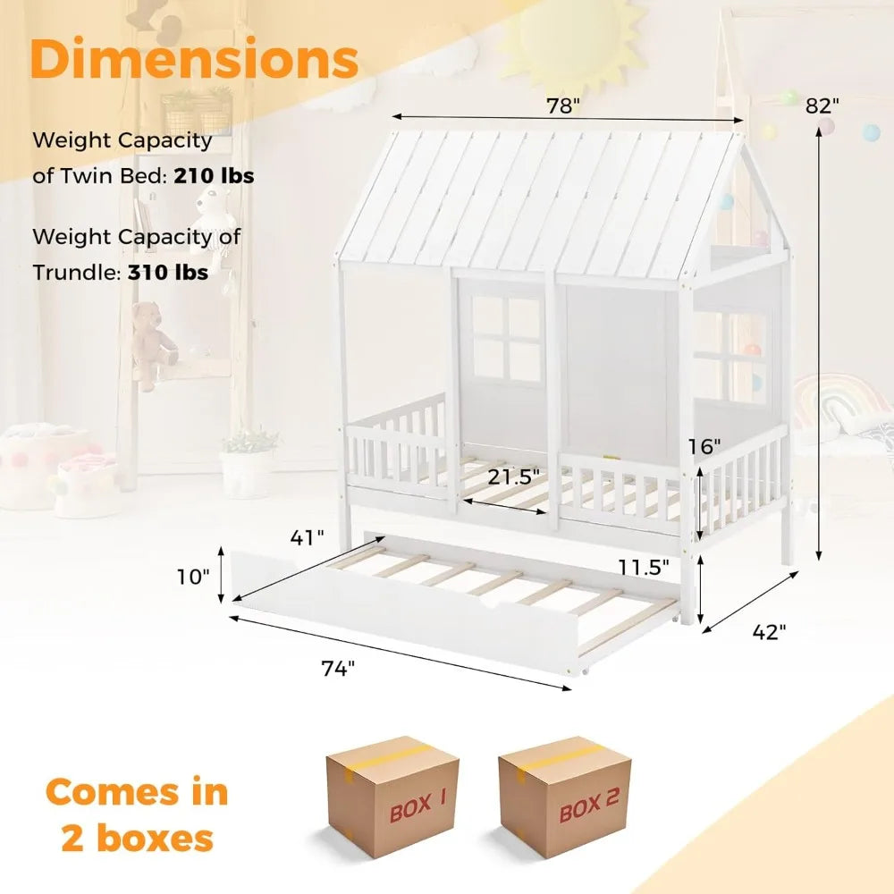 Twin Size House Bed with Trundle, Wood Kid’s House  Bed Frame with Sturdy Bed Slats fNo Box Spring Needed