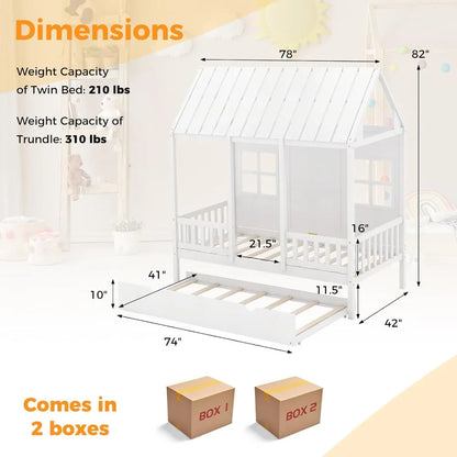 Lit double avec lit gigogne, cadre de lit en bois pour enfant avec lattes de lit robustes, pas besoin de sommier