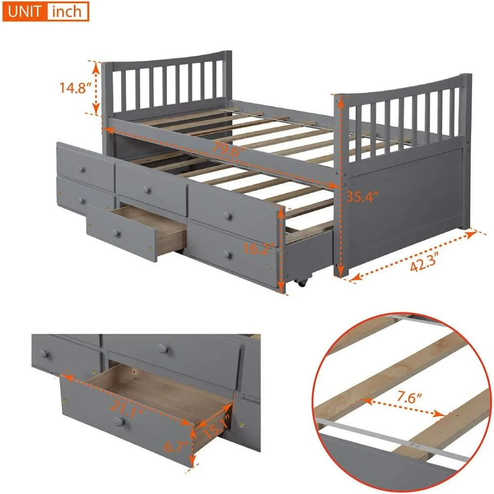 Twin Captain's Bed, Twin Daybed with Trundle and 3 Storage Drawers,  Twin Platform Bed Frame  for Kids Teens Adults