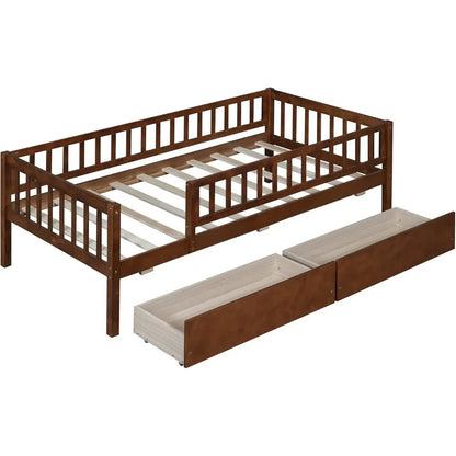 Cama de día tamaño twin con dos cajones, estructura de cama de madera para niños con plataforma doble, espacio de almacenaje y rieles, no necesita somier, fácil montaje