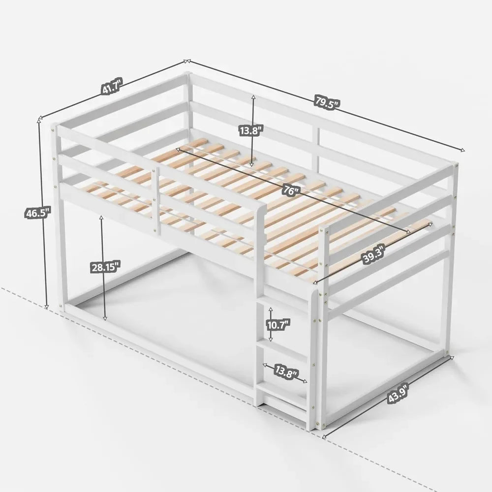 Low Bunk Bed Twin Over Twin, Floor Bunk Bed with Ladder, Twin Bunk Bed with Full Guardrails, Wooden Beds for Kids, Beds