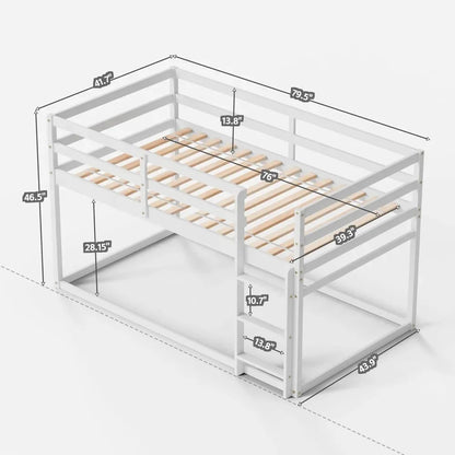 Lit superposé bas Twin Over Twin, lit superposé au sol avec échelle, lit superposé simple avec garde-corps complets, lits en bois pour enfants, lits