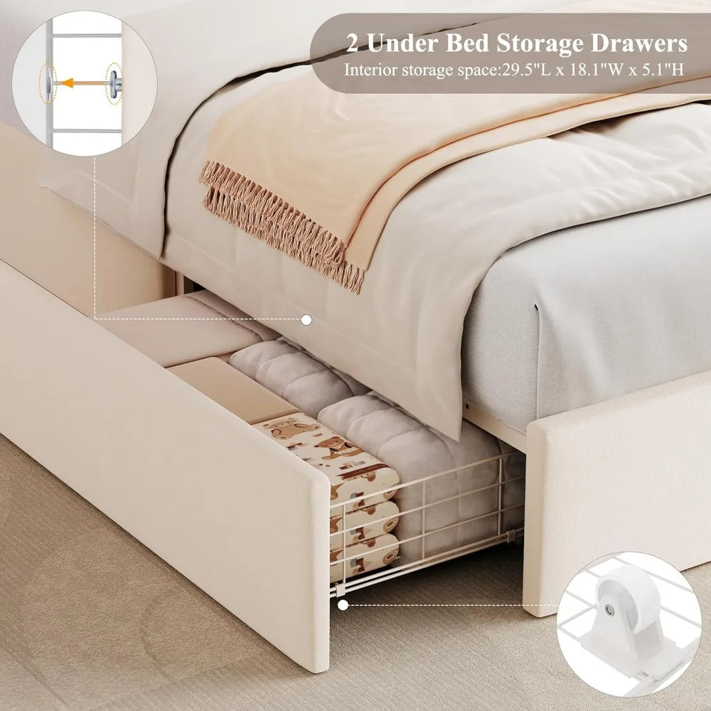 Twin LED Bed Frame with Storage Headboard and Charging Station, Kids Bed Frame with 2 Drawers and USB Ports