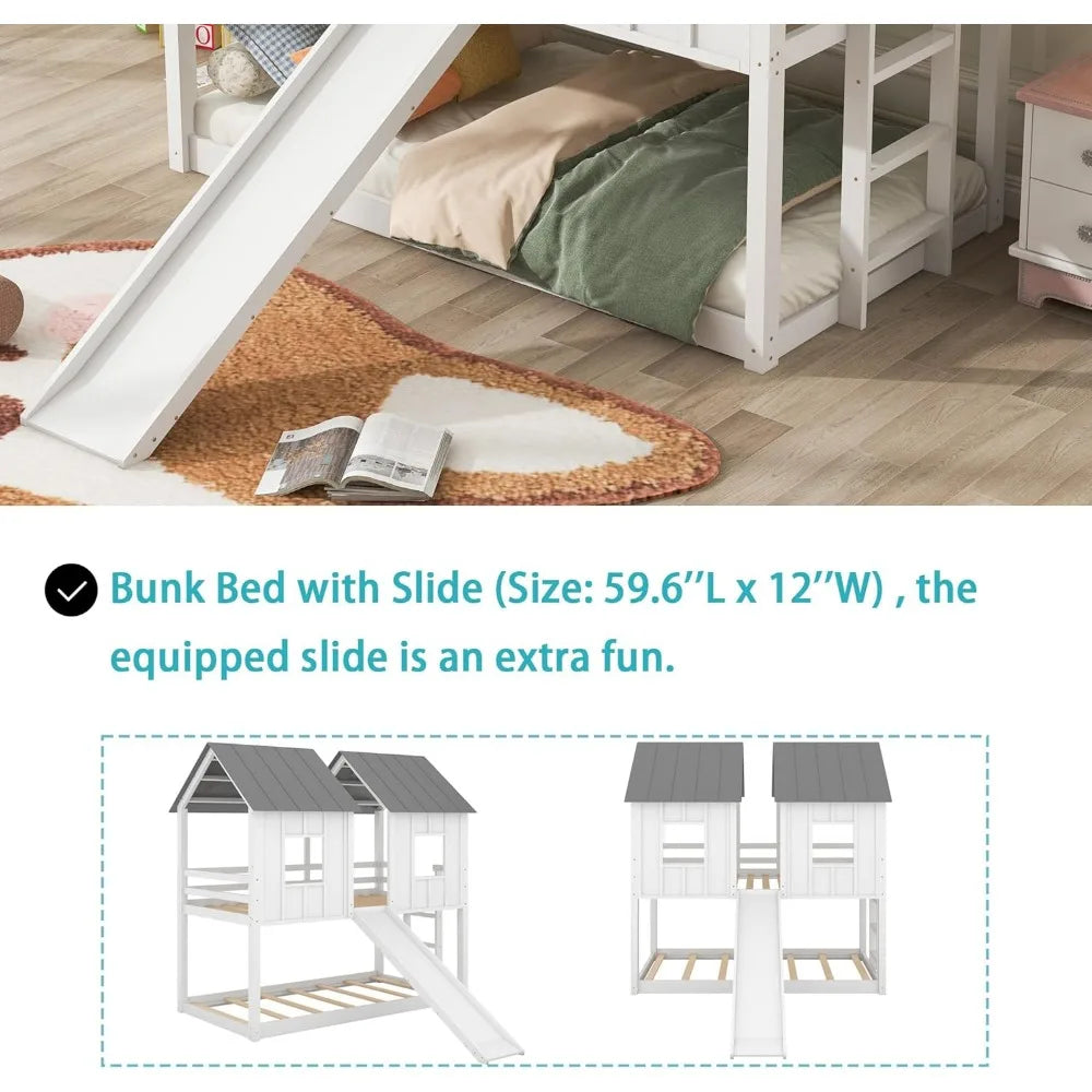 Lit superposé en bois avec fenêtres, échelle, garde-corps et meubles pour enfants de taille double, lits pour enfants modernes Playhouse Bunk Bed