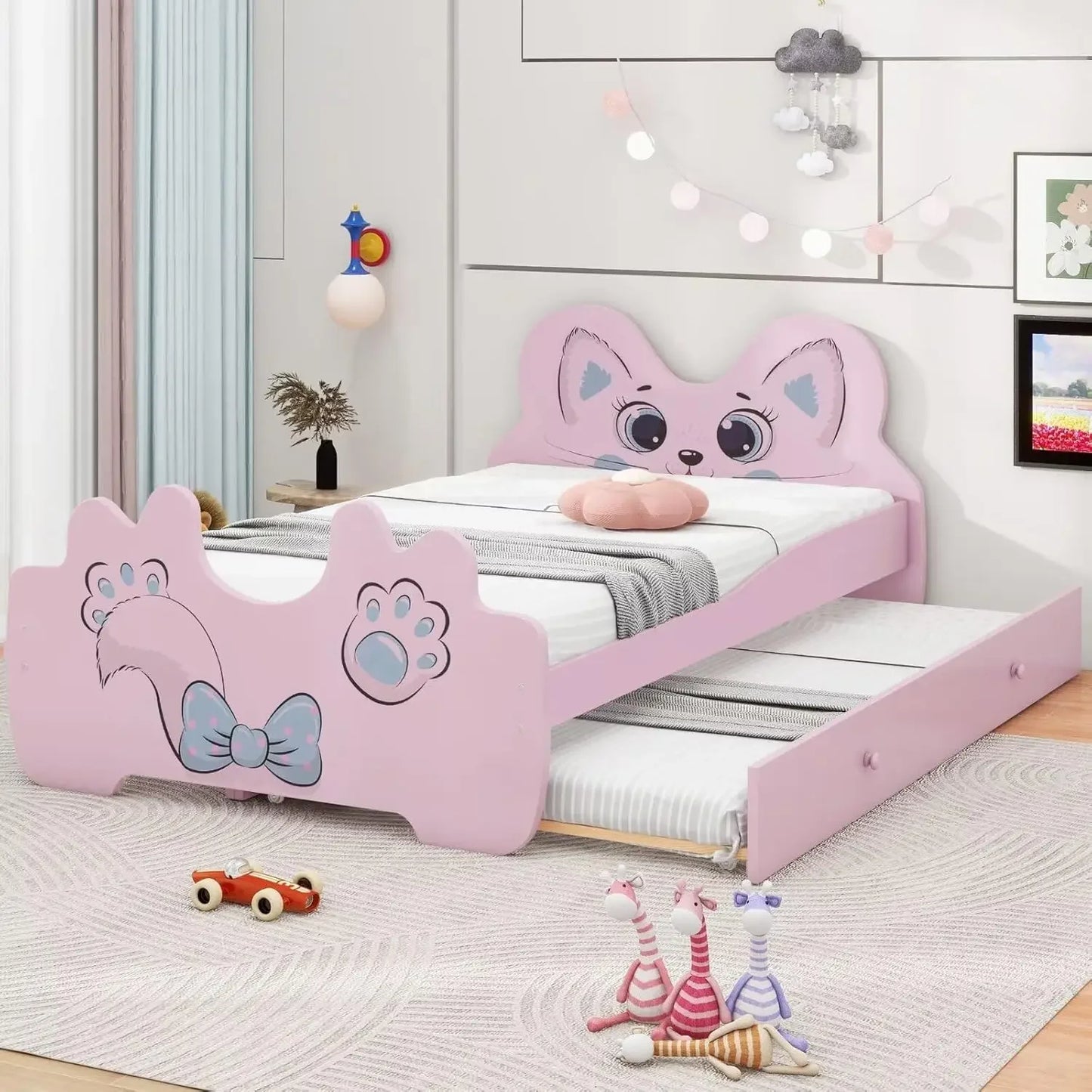 Merax Children Cat-Shaped Platform Bed with Trundle, Wooden Bedframe, No Box Spring Needed, Twin Size, Pink