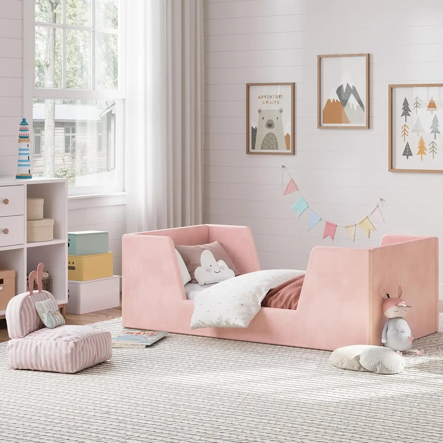 Cama para niños pequeños, estructura de cama de piso para niños pequeños con barandillas, cama para niños de 2 a 6 años, cama pequeña para niños y niñas, estándar