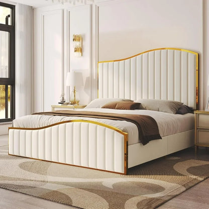 Queen Size Bed Frame, 61.4" High Headboard Platform Bed Velvet With Gold Trim & Footboard/No Box Spring Required,bed Frame