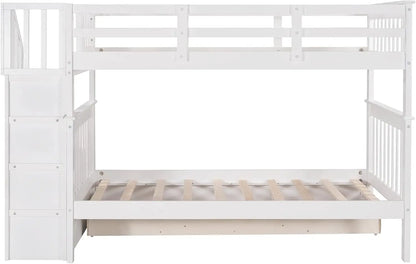 &amp; Bright Designs Lits superposés jumeaux avec tiroirs de rangement et escaliers Cadre de lit superposé en bois pour enfants garçons filles adolescents, blanc