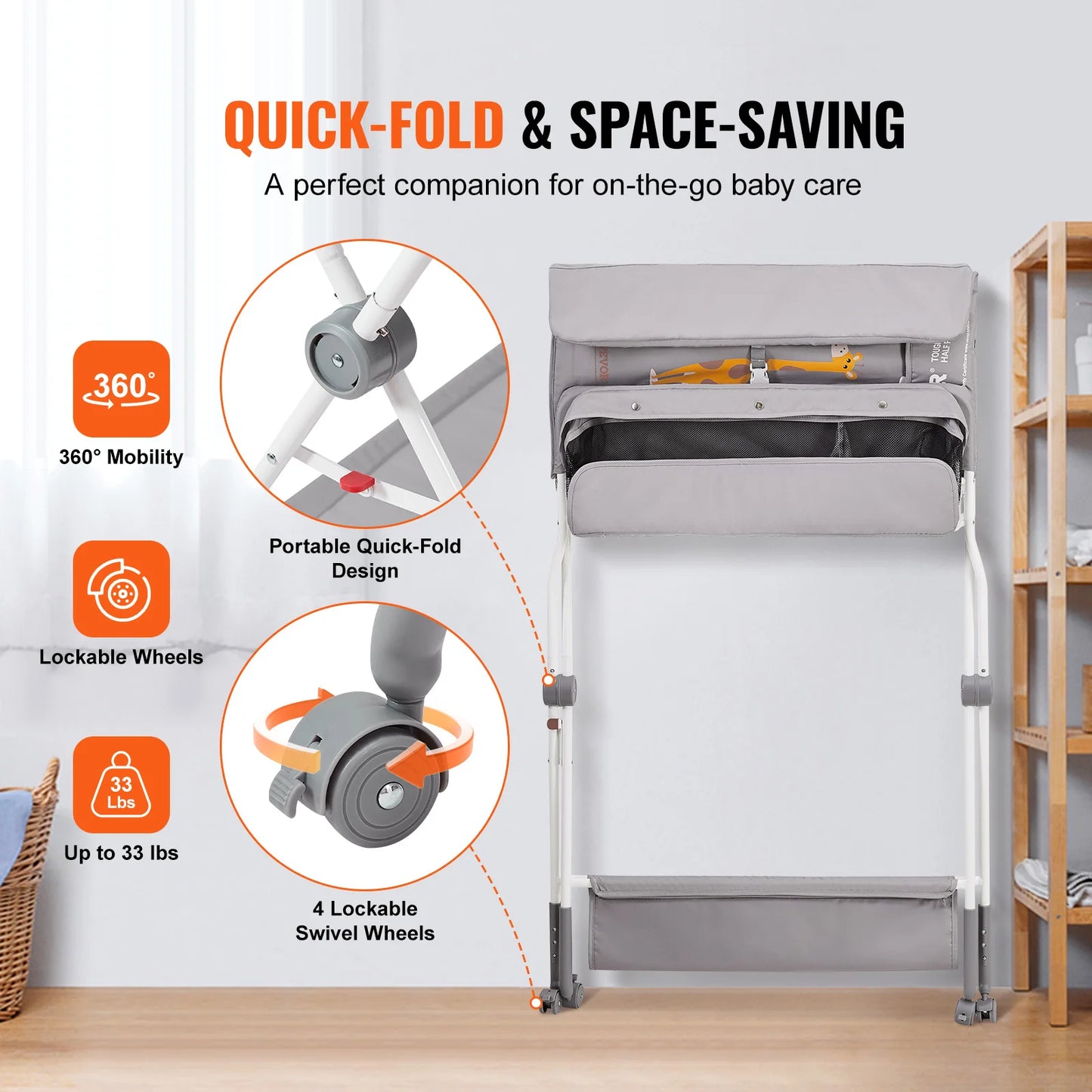 VEVOR Baby Changing Table Folding Diaper Changing Station with Lockable Wheels 3-level Adjustable Heights for Newborns & Infant