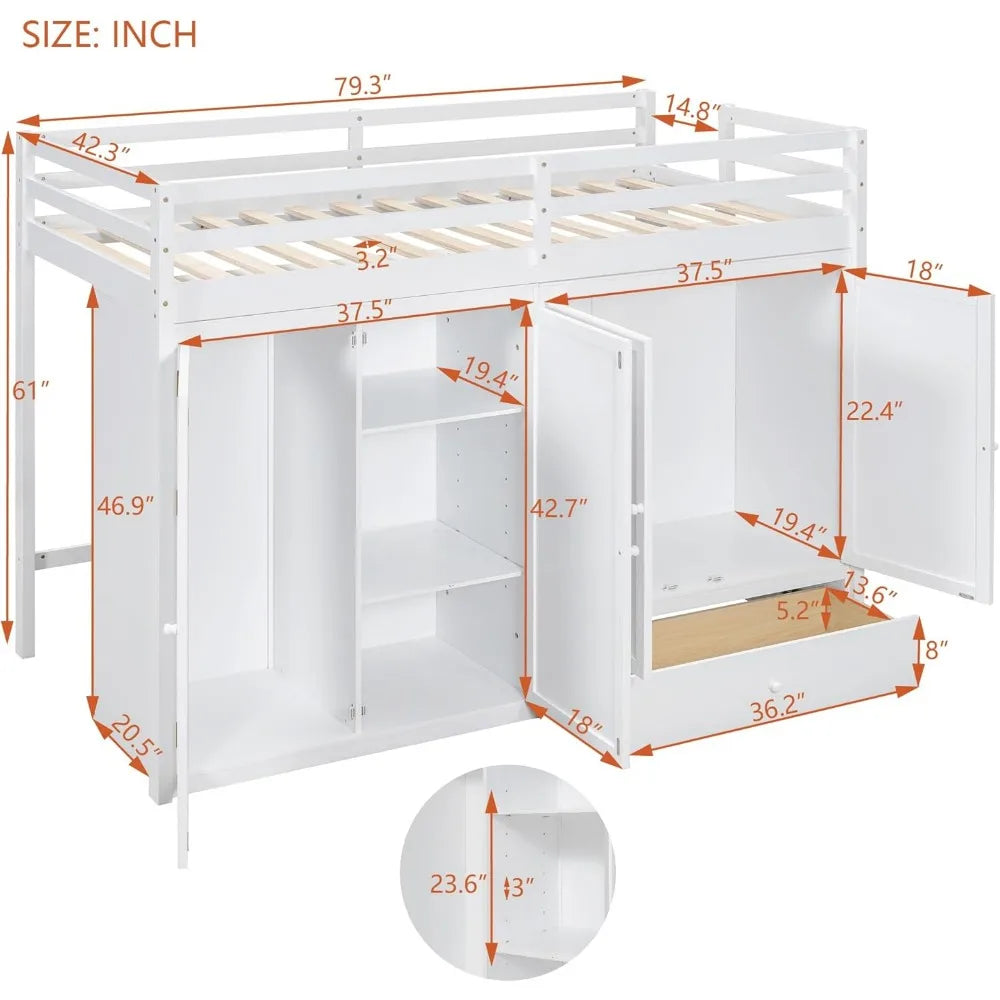 Twin Size Loft Bed with 2 Wardrobes and Mirror, Twin Loft Bed Frame with Storage Drawers, Bedroom, No Box Spring Needed, Beds