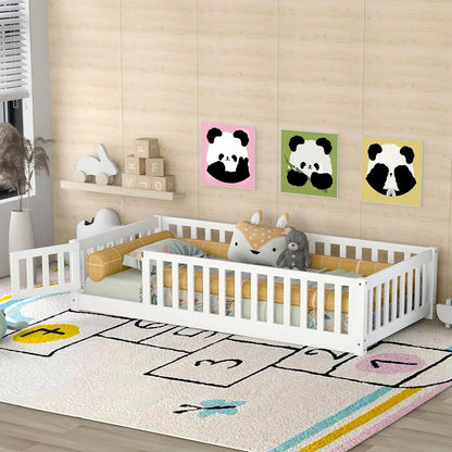 Cama de piso para niños de tamaño doble con puerta y valla Cama de piso Montessori con listones y barandillas de seguridad Marco de cama doble de madera maciza