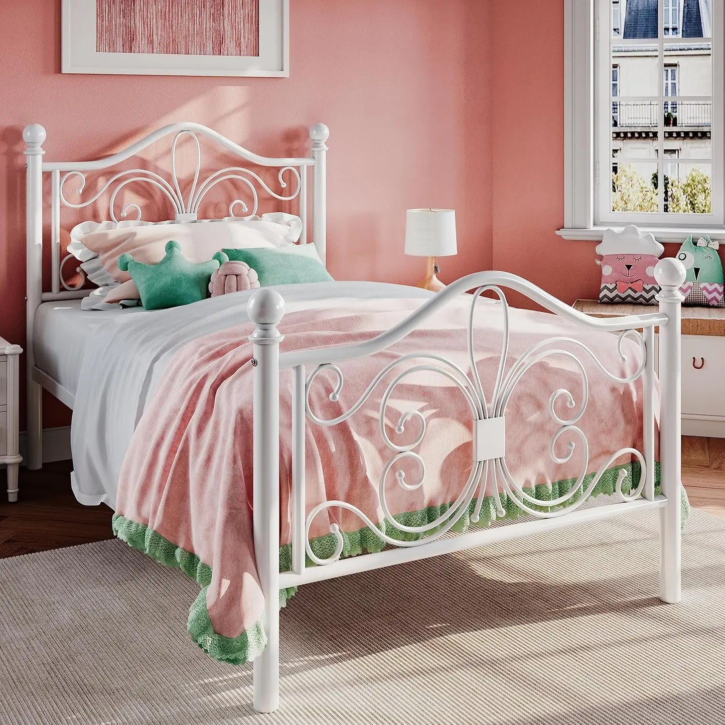 Twin Size Bed Frame for Kids Metal Bed Frame with Butterfly Pattern Design Headboard & Footboard No Box Spring Needed