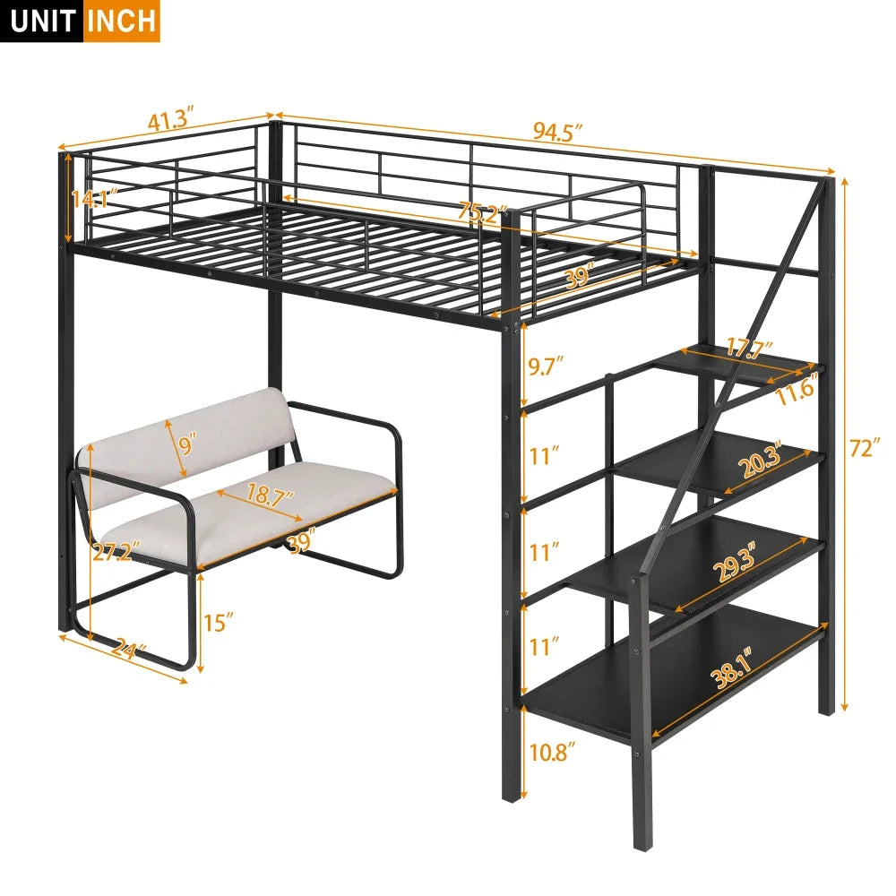 Cama alta de metal tamaño twin con banco y escalera de almacenamiento, literas negras para niños, cama para niñas de 6 a 12 años, princesas de EE. UU.