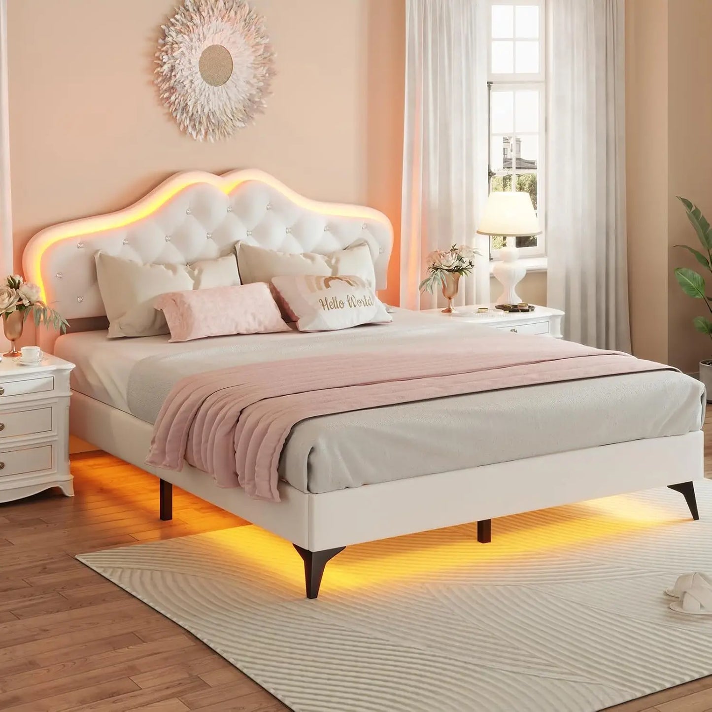 Size Upholstered Bed Frame with LED Lights, Adjustable Headboard with Crystal Button, Princess Platform Bed for Girls, Soli