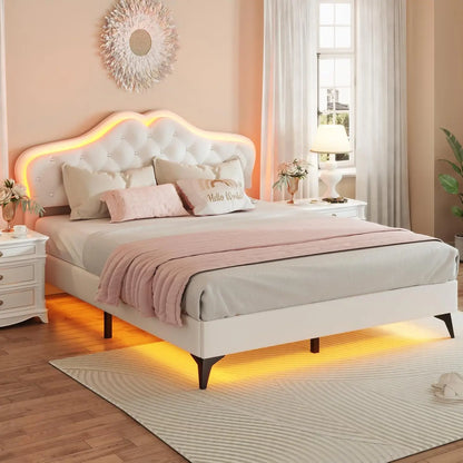 Cadre de lit rembourré avec lumières LED, tête de lit réglable avec bouton en cristal, lit plateforme princesse pour filles, Soli