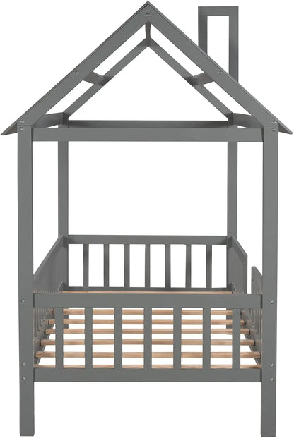 Maison jumelle Merax pour enfants, cadre de plate-forme de lit en bois en forme de maison avec fenêtres de toit et sécurité sur toute la longueur