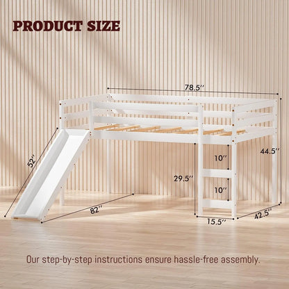 Lit mezzanine double avec toboggan, lit mezzanine bas avec escalier, cadre de lit mezzanine double en bois massif pour filles et garçons avec échelles d'escalade Guard Ra