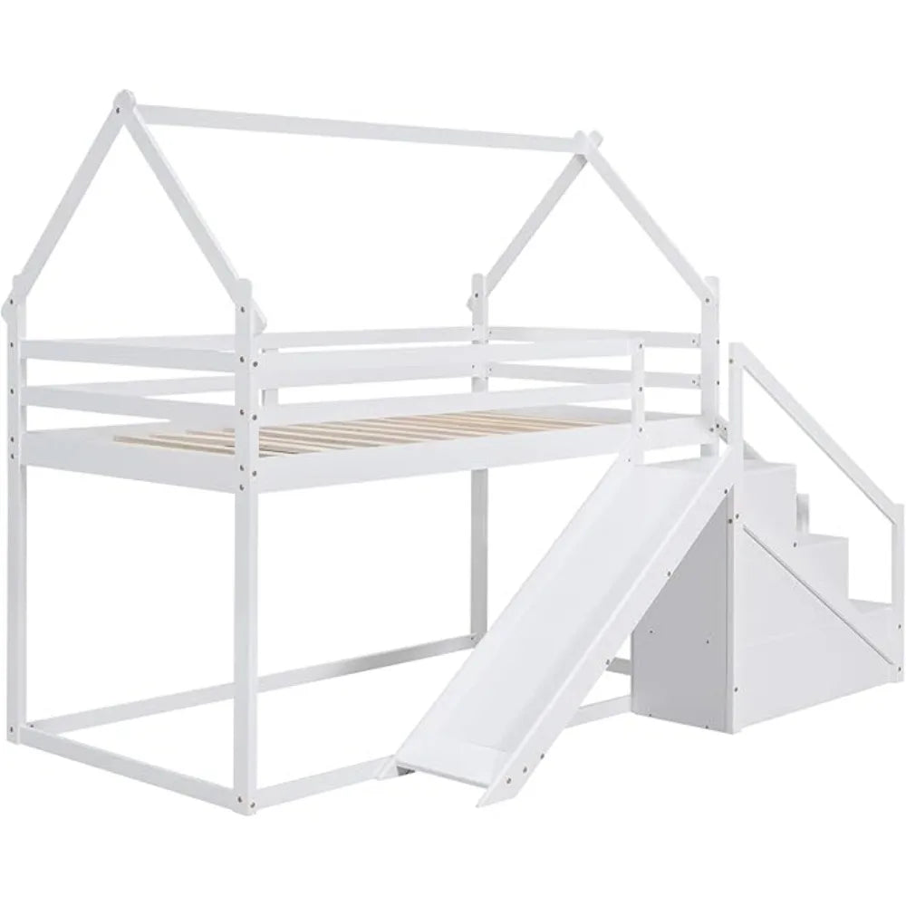 Twin Over Twin House Bunk Bed with Slide and Staircase, Solid Wood Loft/Bunk Bed Frame with Safety Guardrails for Kids