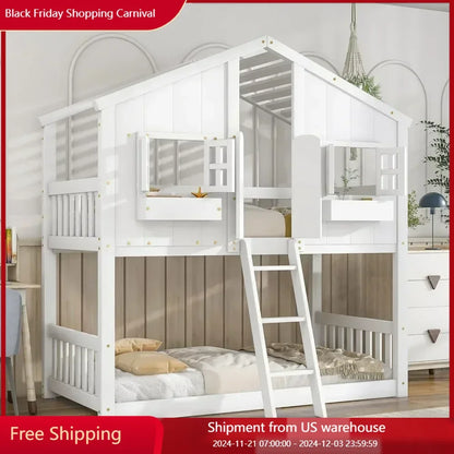 Twin Kids Bunk Bed  Twin Wood Frame with Roof,Window, Window Box, Door, Safety Guardrails and Ladder Sturdy & Security Bunk Bed