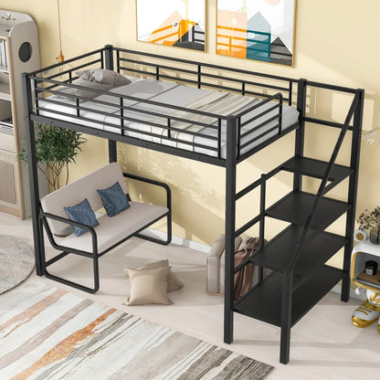 Cama alta de metal tamaño twin con banco y escalera de almacenamiento, literas negras para niños, cama para niñas de 6 a 12 años, princesas de EE. UU.