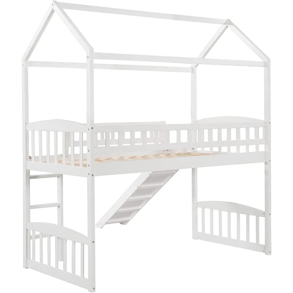 Lit mezzanine double avec toboggan, cadre de lit en bois massif en forme de maison avec garde-corps sur toute la longueur, aucun ressort nécessaire et conception peu encombrante