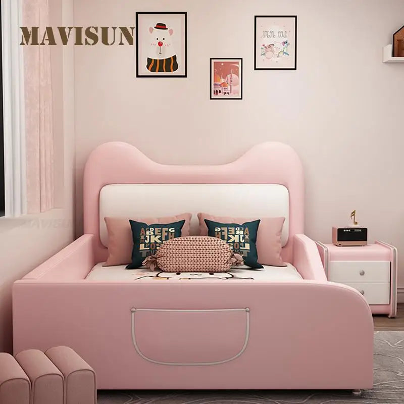 Lit pour enfants princesse en rose, lit simple créatif en cuir avec chat de dessin animé, 1,2 1,5 mètre, lit pour enfants avec garde-corps