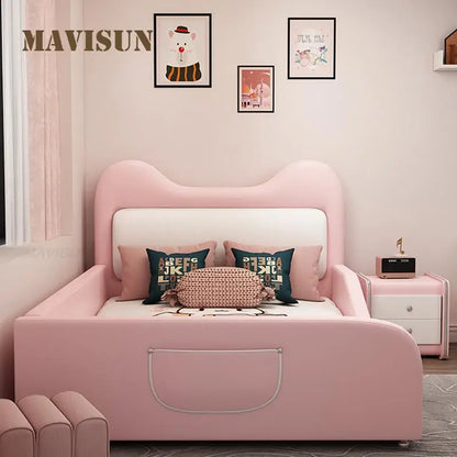 Cama infantil de princesa en color rosa con dibujo de gato para niña, cama individual creativa de cuero de 1,2 a 1,5 metros, cama infantil funcional con barandilla