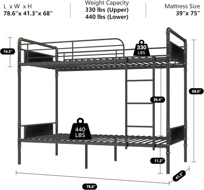 1 lit superposé en métal Twin Over Twin, lits superposés jumeaux convertibles en 2 lits jumeaux individuels pour enfants et adultes, garde-corps de 16,5 po de hauteur