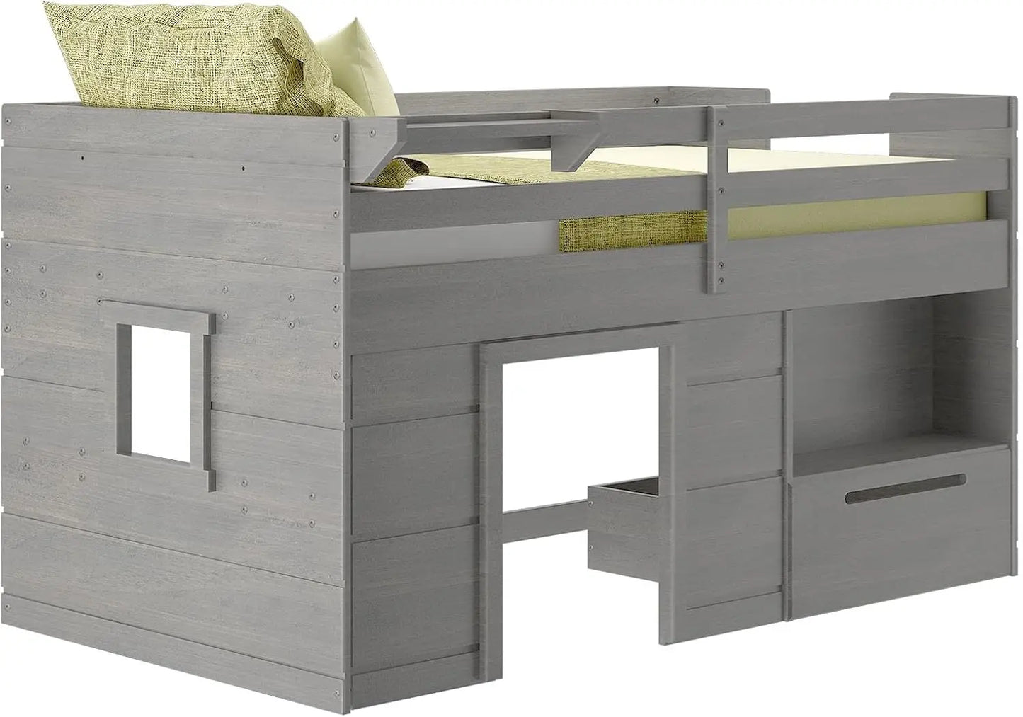 Cama loft baja de madera maciza Max &amp; Lily tamaño doble con cajón de almacenamiento, escalera, estilo rural moderno, para niños, madera flotante