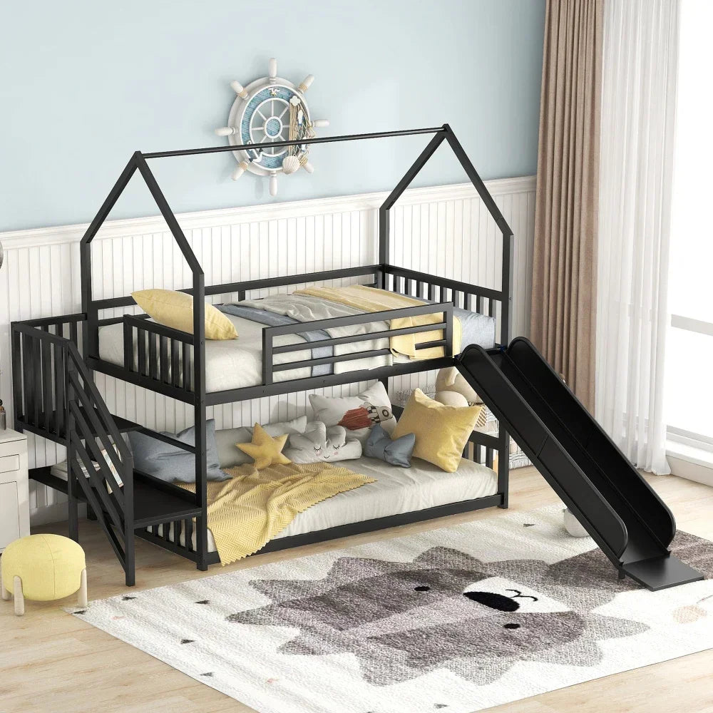 Twin Size Metal Bunk Beds House Bed with Slide and Staircase, Black Bunk Beds with Slide Bunk Beds for Kids Children's Bed Kids