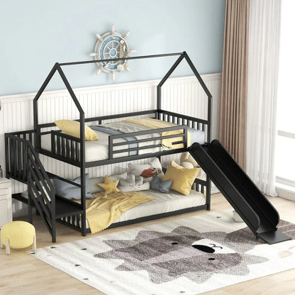 Literas de metal de tamaño doble, cama tipo casa con tobogán y escalera, literas negras con tobogán, literas para niños, cama para niños