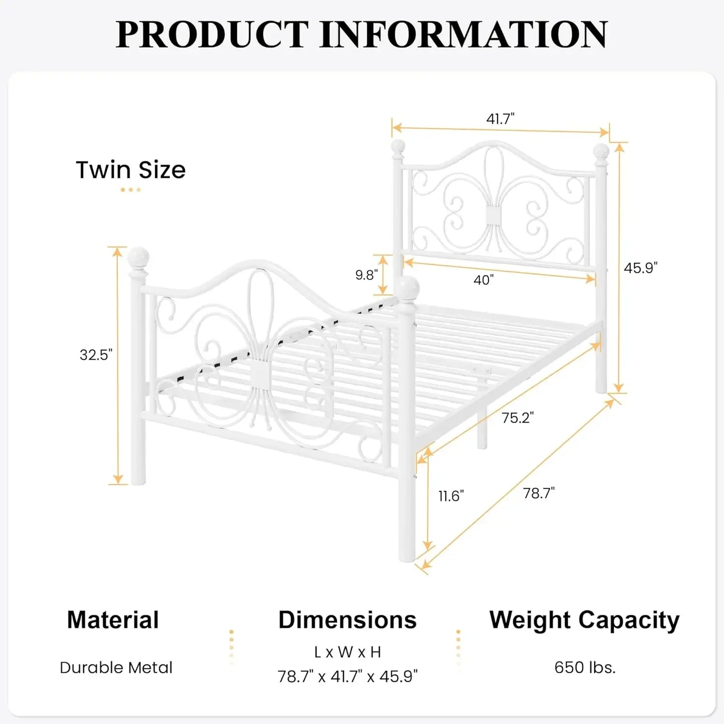 Marco de cama de tamaño doble para niños, marco de cama de metal con cabecera con diseño de patrón de mariposas, no necesita somier