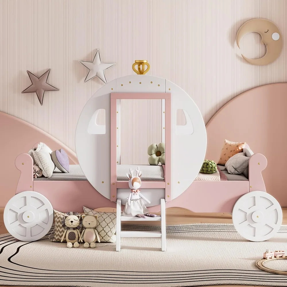 Twin Size Princess Carriage Bed Frame for Boys Girls Kids Toddler with Crown,Wood Platform Car Bed with Stair Children Furniture