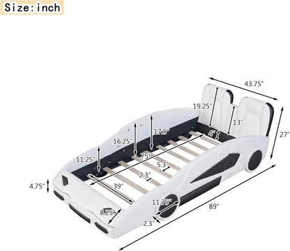 Lit double pour garçons, cadre de lit en bois en forme de voiture de course avec roues et deux côtés, support à lattes, meubles de jouets pour enfants