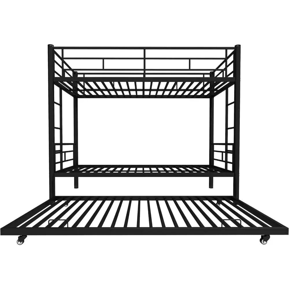 Twin Over Twin Bunk Bed with Trundle, Twin Bunk Beds for 3 Kids/Youths, Metal Bunkbed W/ 2 Ladders & Full-Length Guardrails