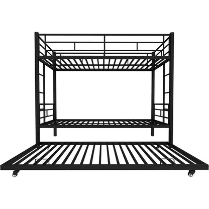 Twin Over Twin Bunk Bed with Trundle, Twin Bunk Beds for 3 Kids/Youths, Metal Bunkbed W/ 2 Ladders & Full-Length Guardrails